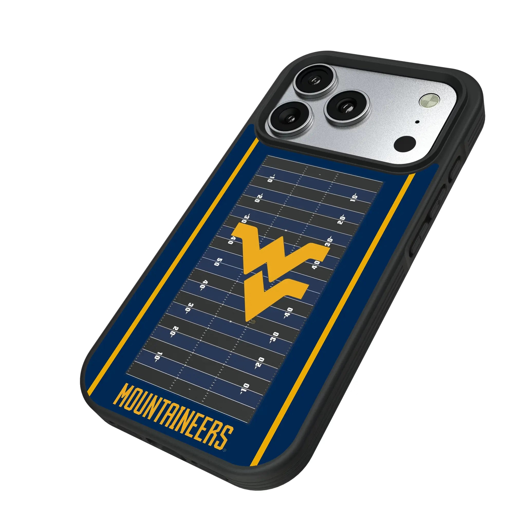 West Virginia University Mountaineers Field iPhone Bump Phone Case for Apple iPhone - Isometric View#Device_iPhone 17 Pro