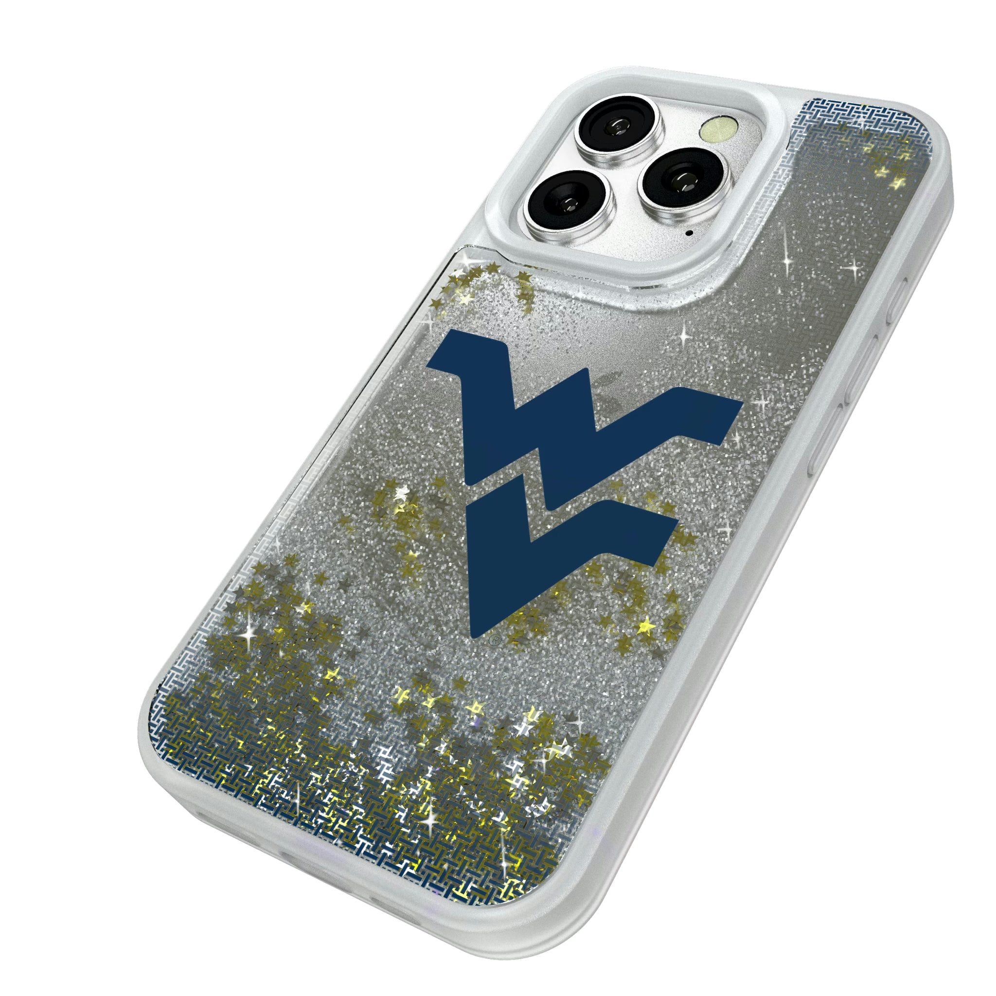 West Virginia University Mountaineers Linen iPhone Glitter Phone Case for Apple iPhone - Isometric View#Device_iPhone 16 Pro