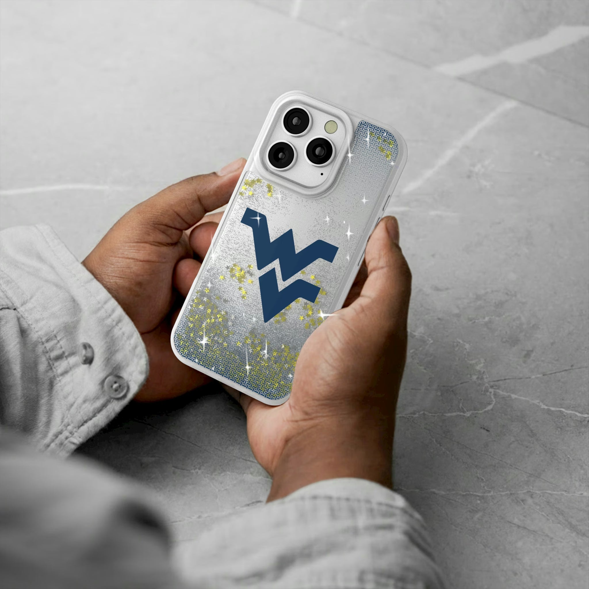 West Virginia University Mountaineers Linen iPhone Glitter Phone Case for Apple iPhone - Lifestyle#Device_iPhone 16 Pro