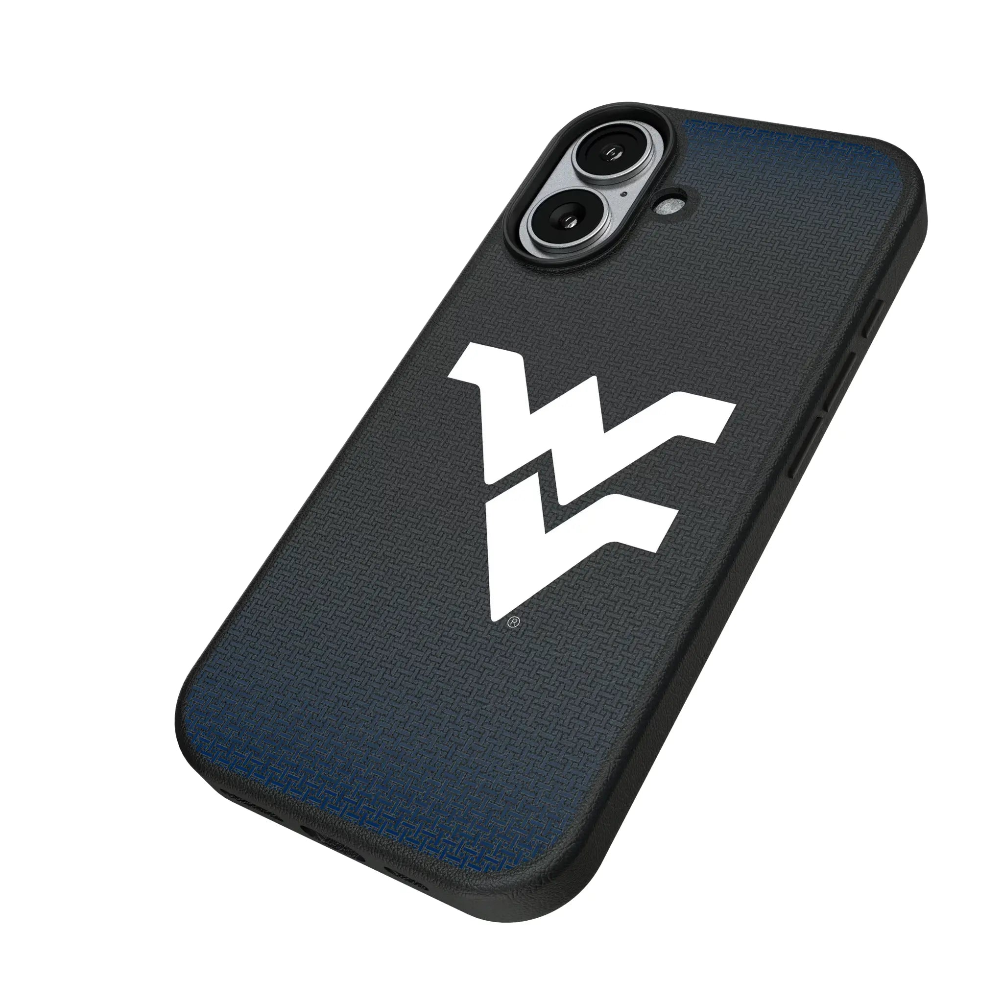 West Virginia University Mountaineers Linen iPhone MagSafe Compatible Phone Case for Apple iPhone - Isometric View#Device_iPhone 17
