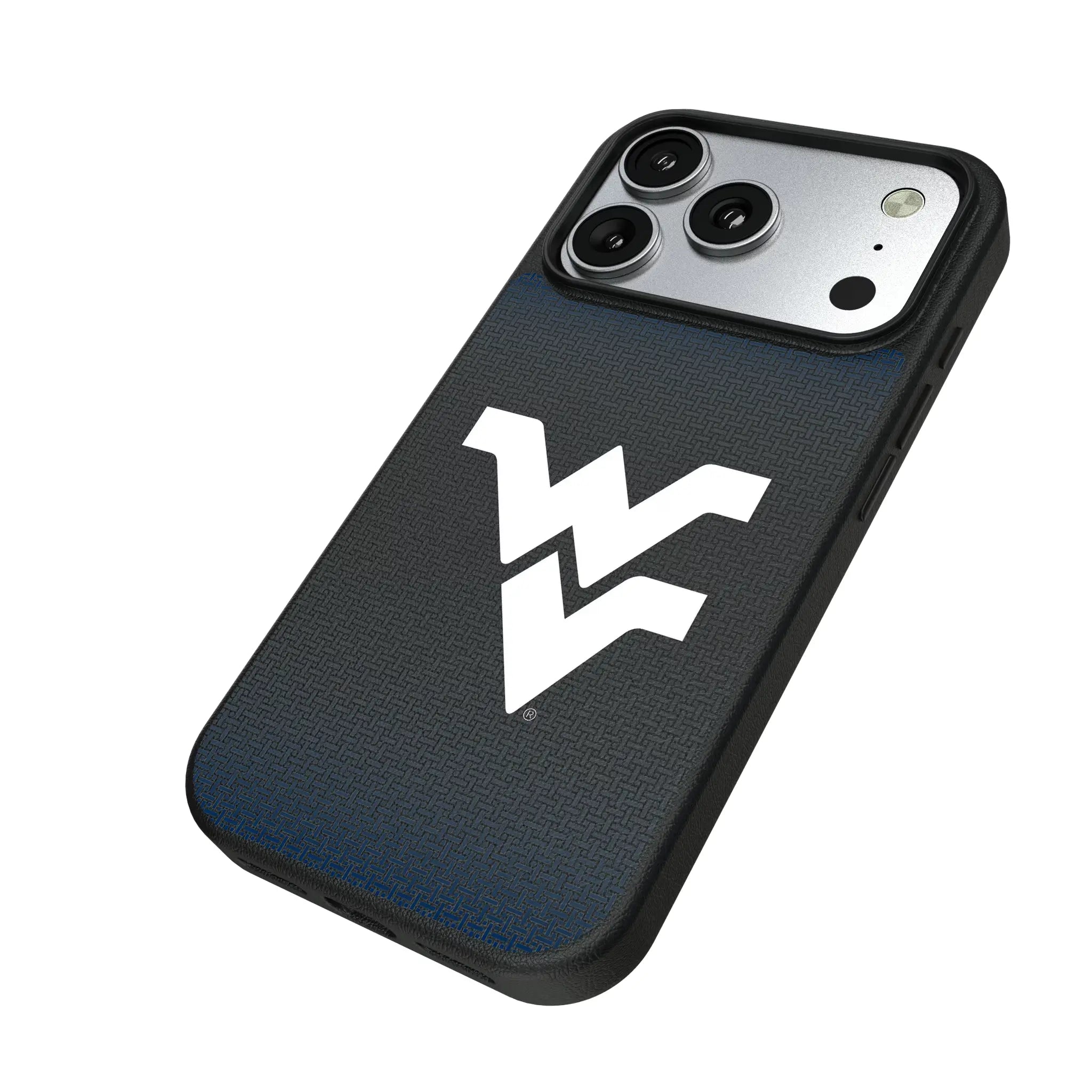 West Virginia University Mountaineers Linen iPhone MagSafe Compatible Phone Case for Apple iPhone - Isometric View#Device_iPhone 17 Pro