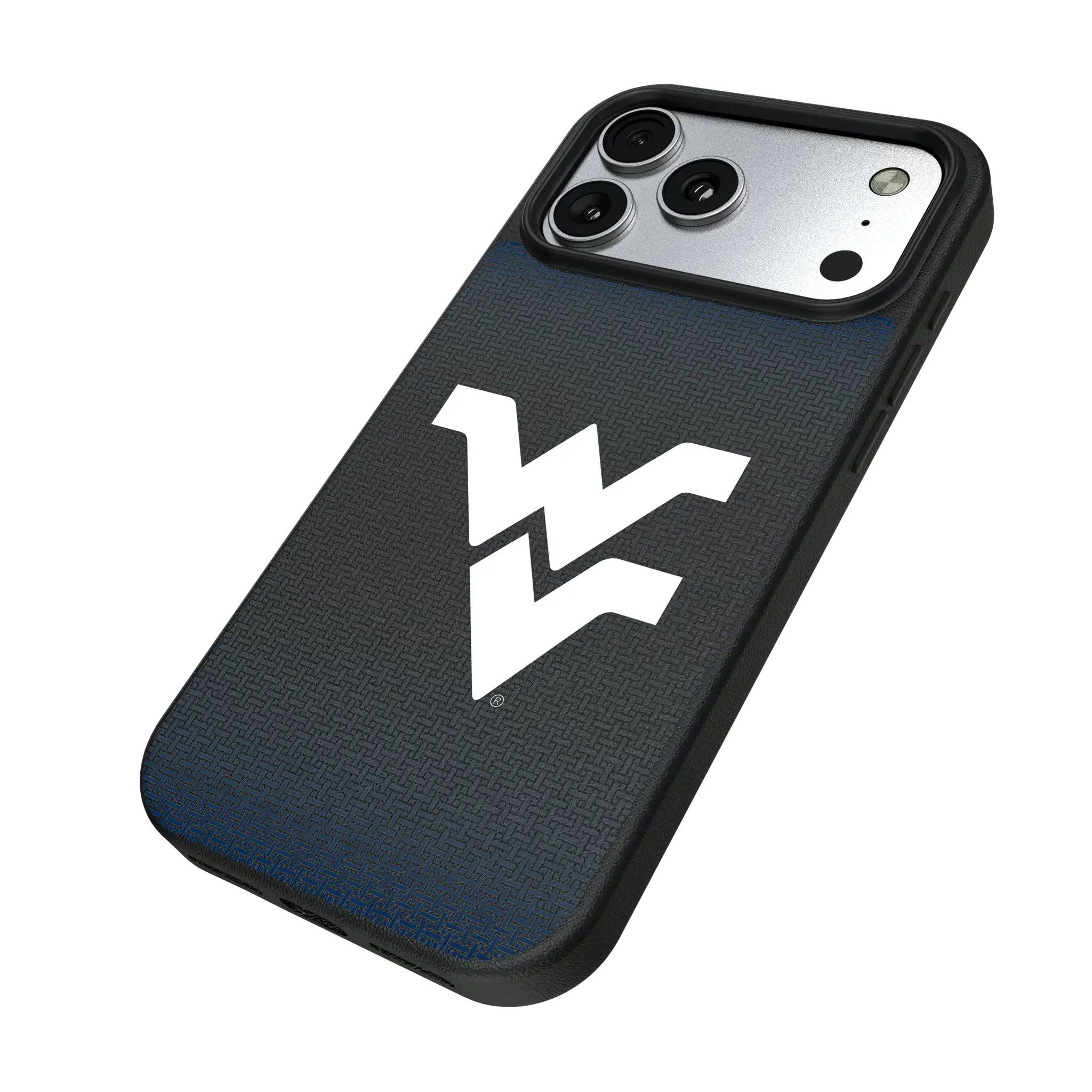 West Virginia University Mountaineers Linen iPhone MagSafe Compatible Phone Case for Apple iPhone - Isometric View#Device_iPhone 17 Pro Max