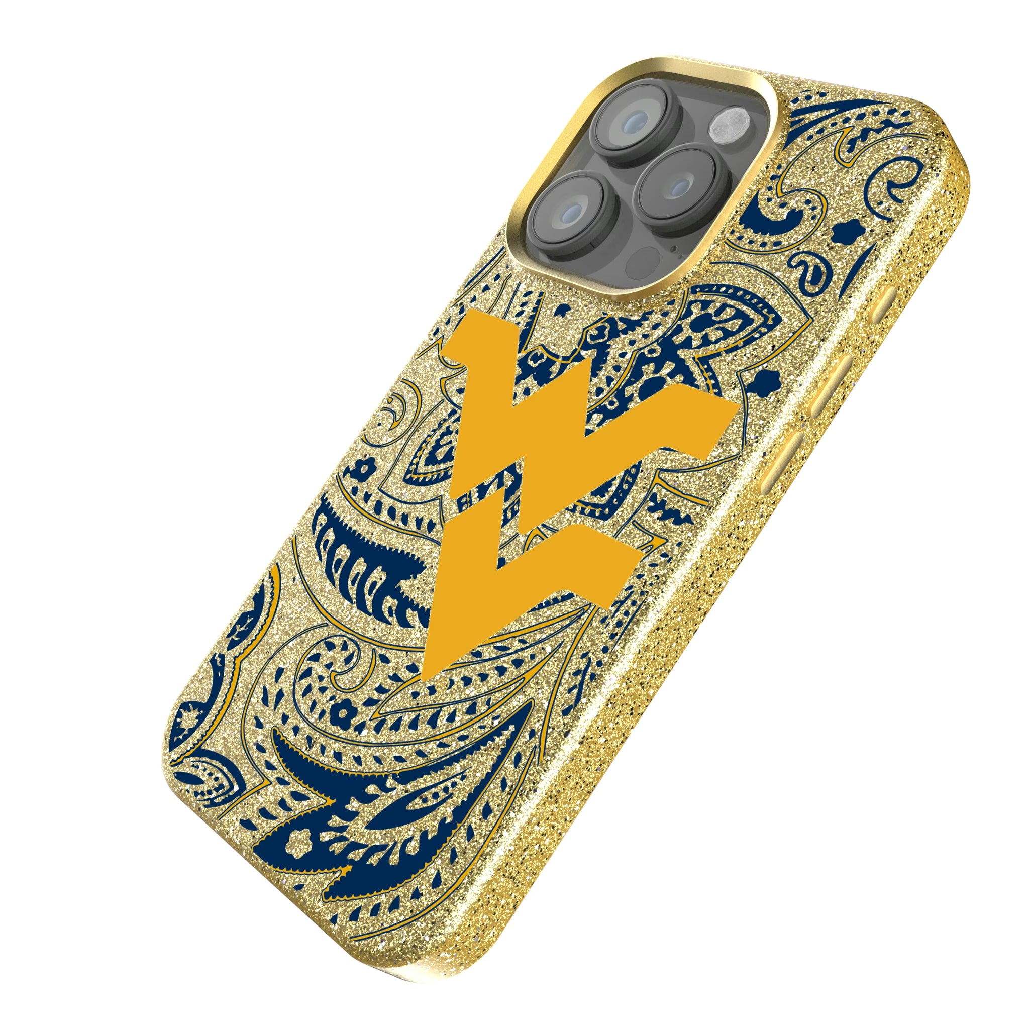 West Virginia University Mountaineers Paisley iPhone Bling Phone Case for Apple iPhone - Isometric View