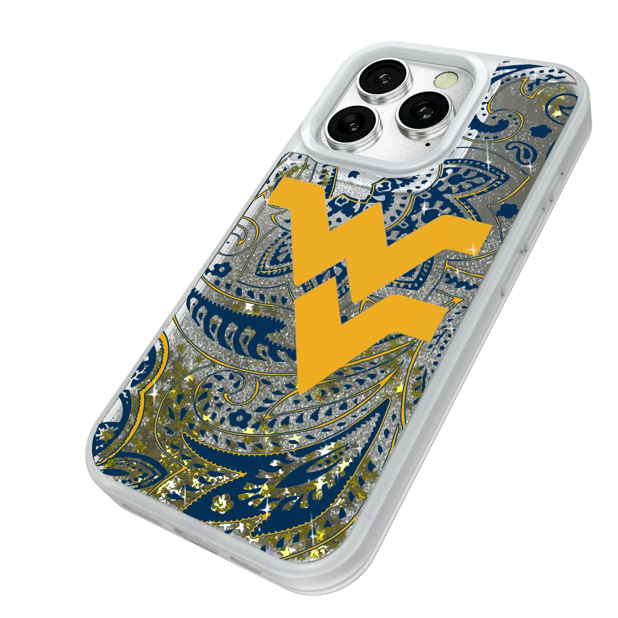 West Virginia University Mountaineers Paisley iPhone Glitter Phone Case for Apple iPhone - Isometric View#Device_iPhone 16 Pro