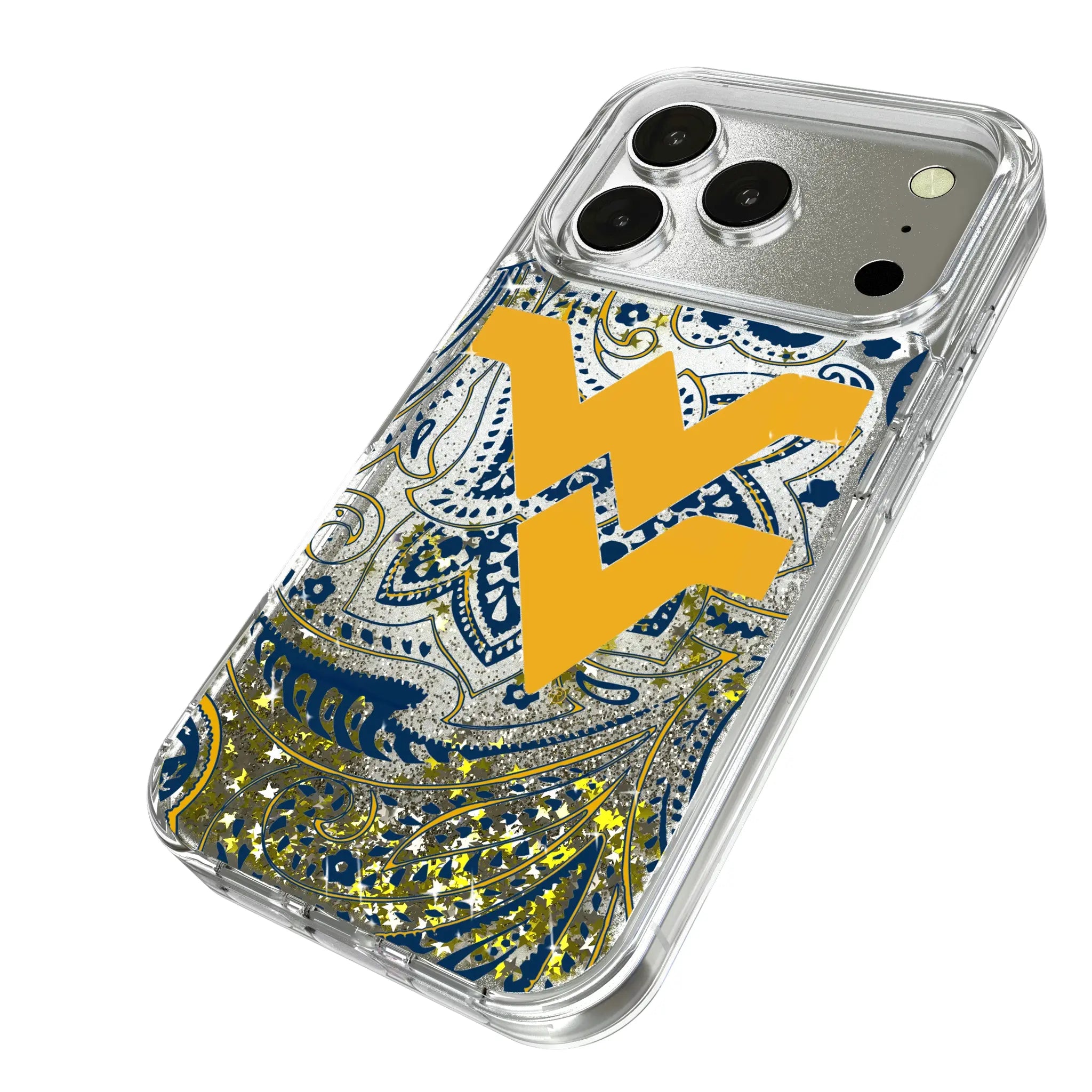 West Virginia University Mountaineers Paisley iPhone Glitter Phone Case for Apple iPhone - Isometric View