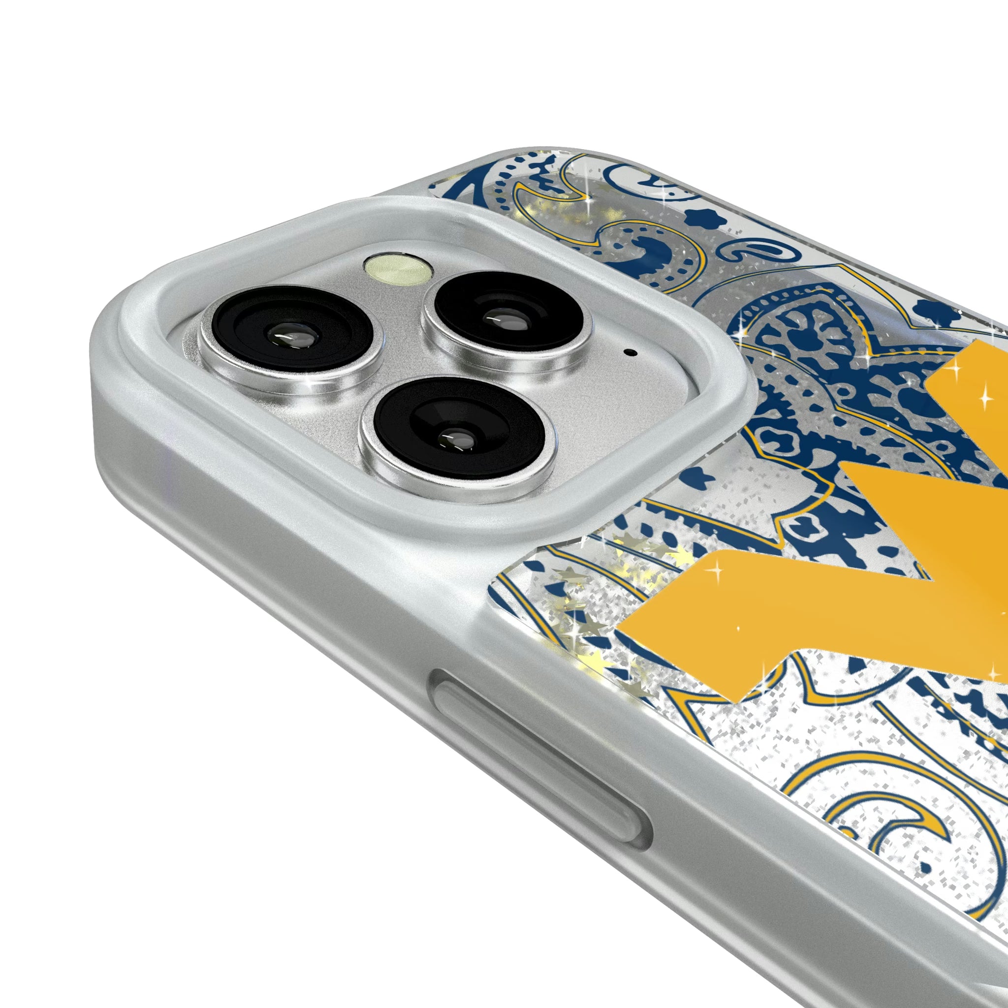 West Virginia University Mountaineers Paisley iPhone Glitter Phone Case for Apple iPhone - Detail#Device_iPhone 16 Pro