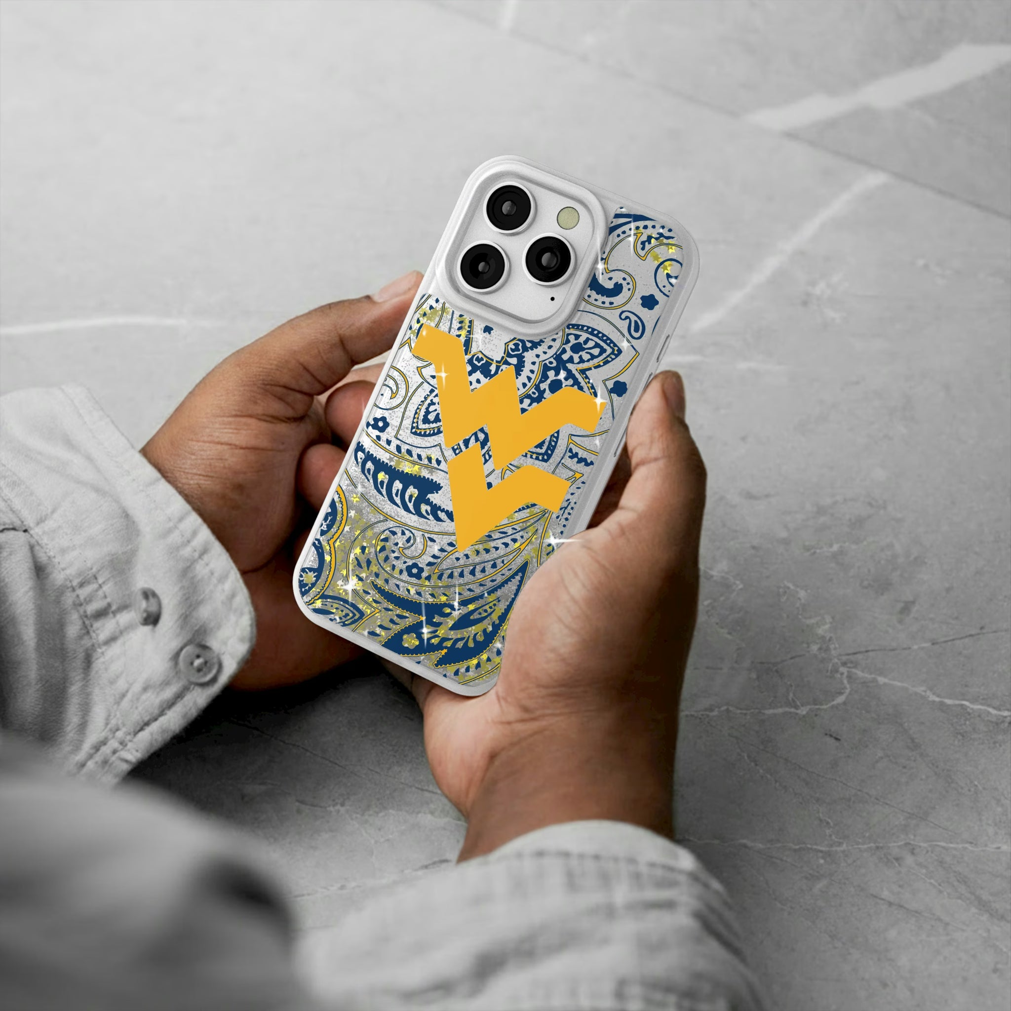 West Virginia University Mountaineers Paisley iPhone Glitter Phone Case for Apple iPhone - Lifestyle#Device_iPhone 16 Pro