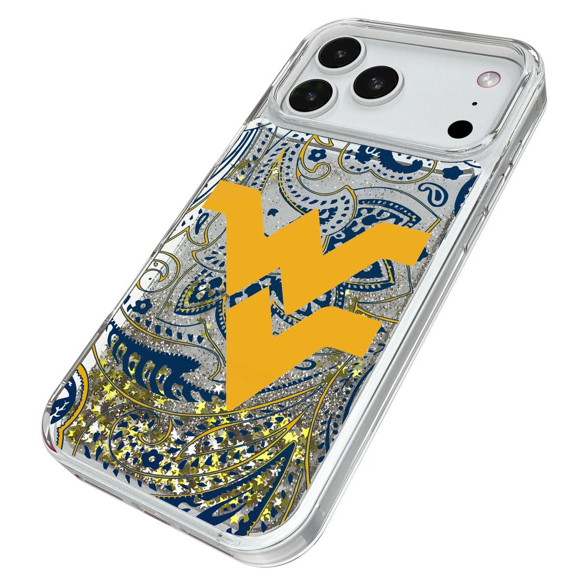 West Virginia University Mountaineers Paisley iPhone Glitter Phone Case for Apple iPhone - Isometric View#Device_iPhone 18 Pro Max