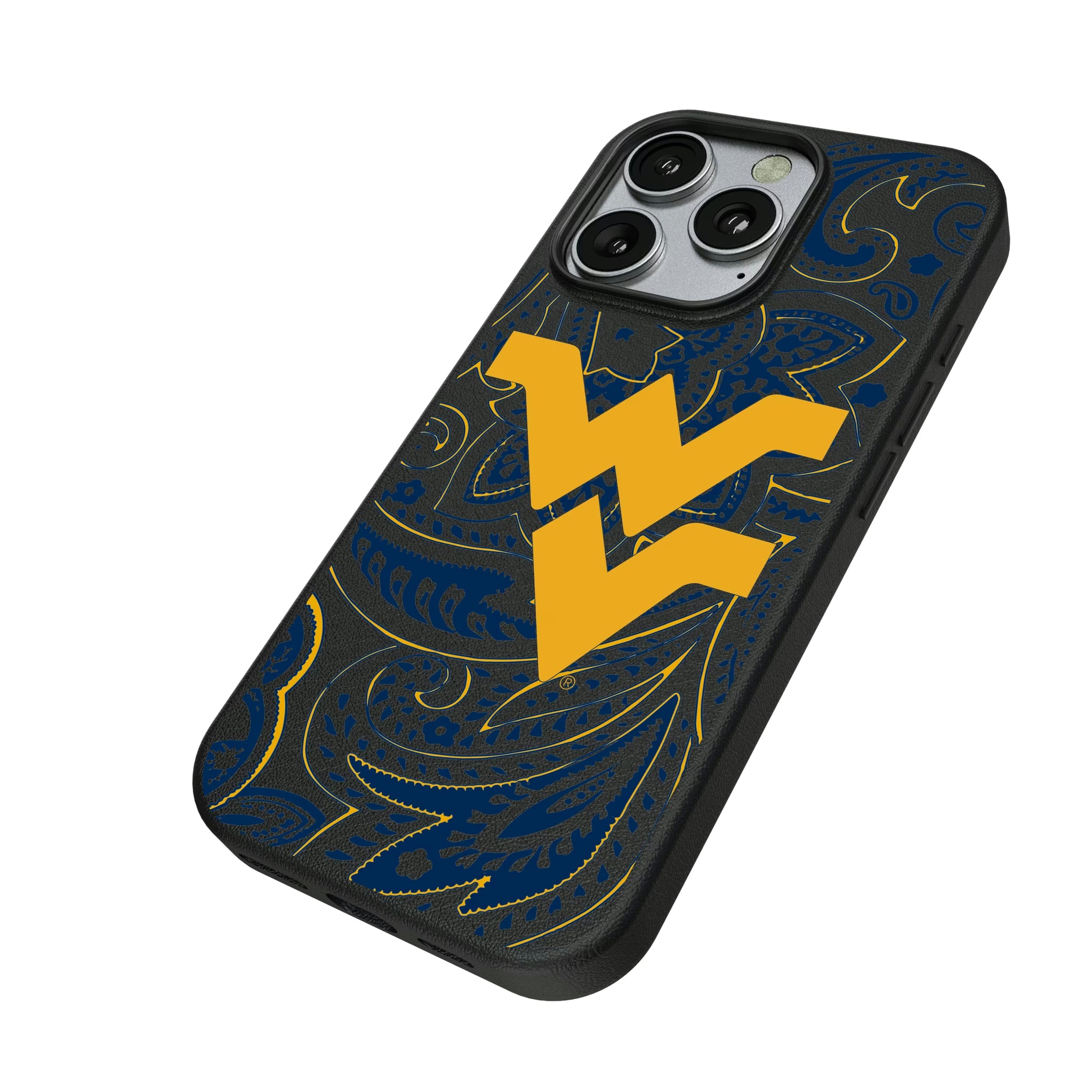 West Virginia University Mountaineers Paisley iPhone MagSafe Compatible Phone Case for Apple iPhone - Isometric View