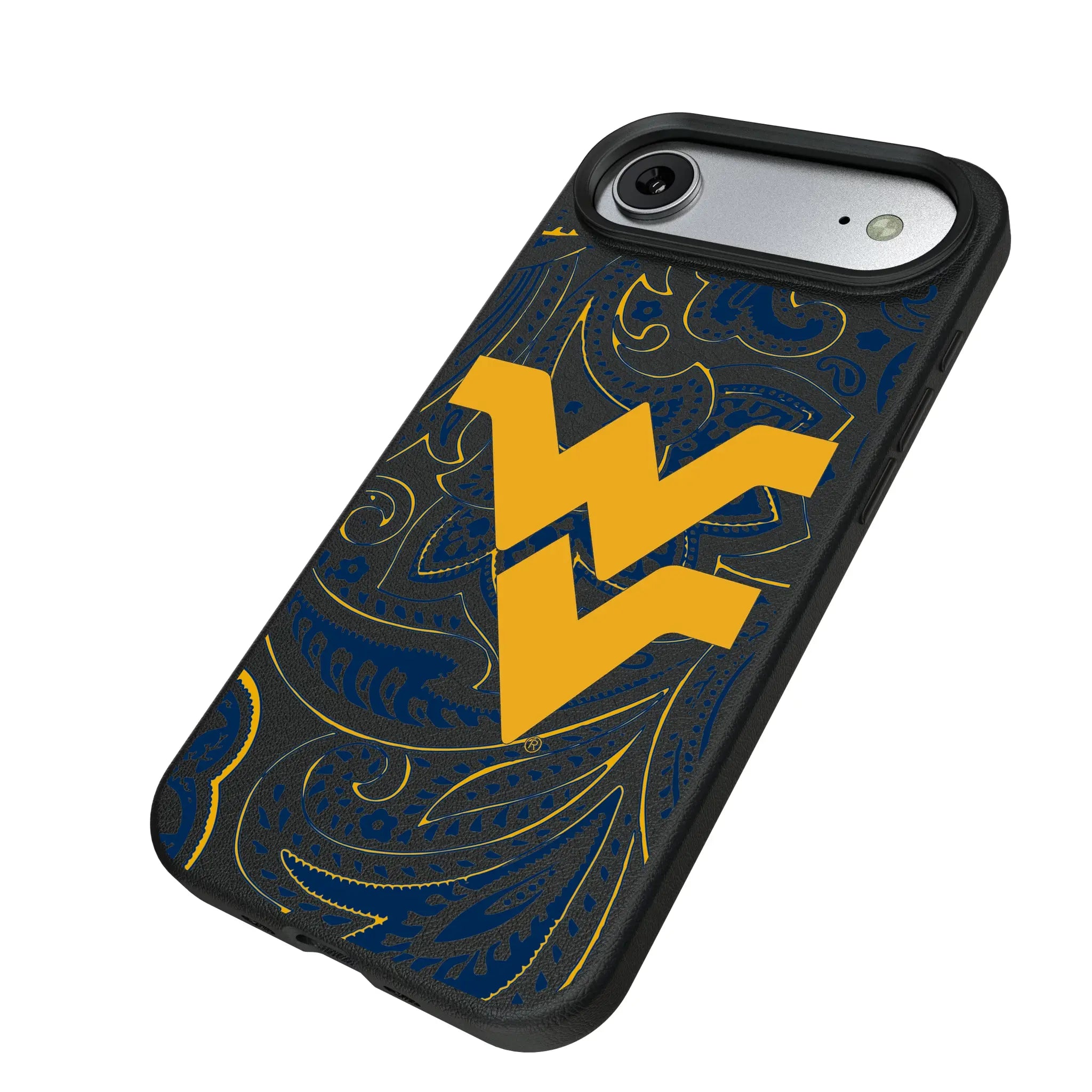 West Virginia University Mountaineers Paisley iPhone MagSafe Compatible Phone Case for Apple iPhone - Isometric View#Device_iPhone Air