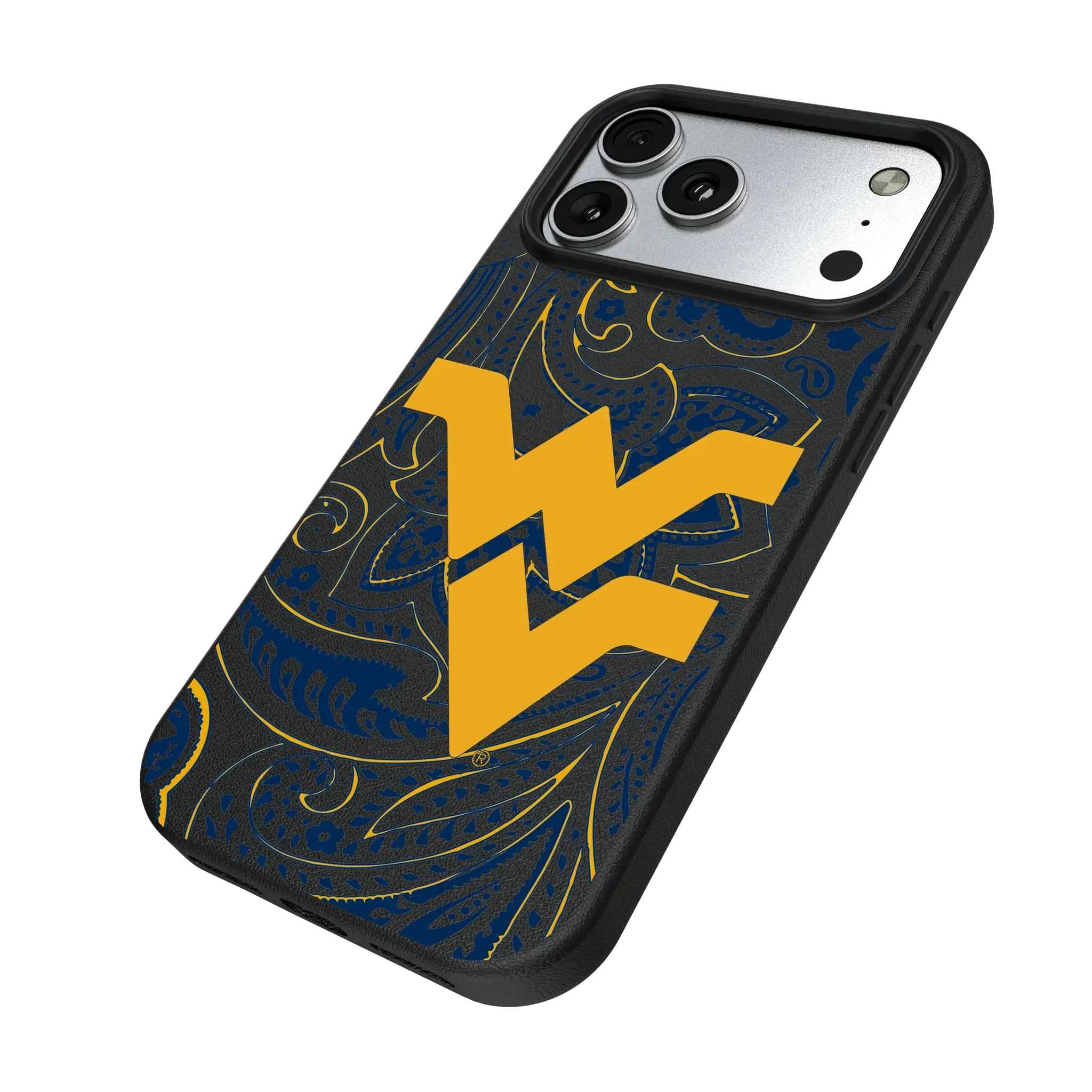 West Virginia University Mountaineers Paisley iPhone MagSafe Compatible Phone Case for Apple iPhone - Isometric View#Device_iPhone 17 Pro Max