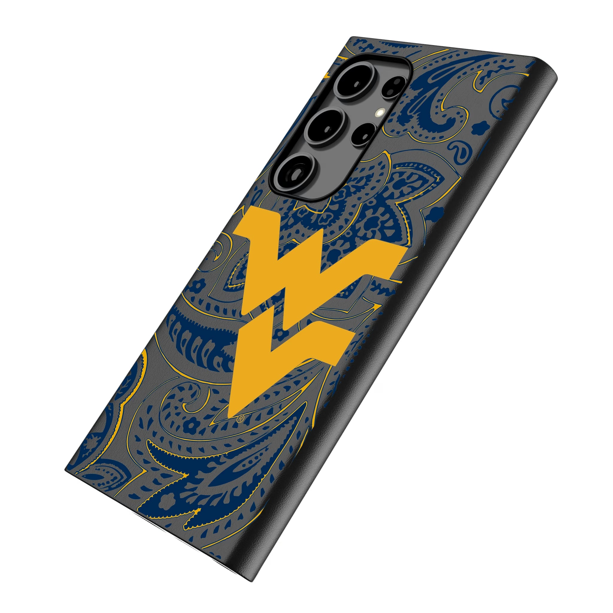 West Virginia University Mountaineers Paisley Galaxy MagSafe Compatible Phone Case for Samsung Galaxy - Isometric View
