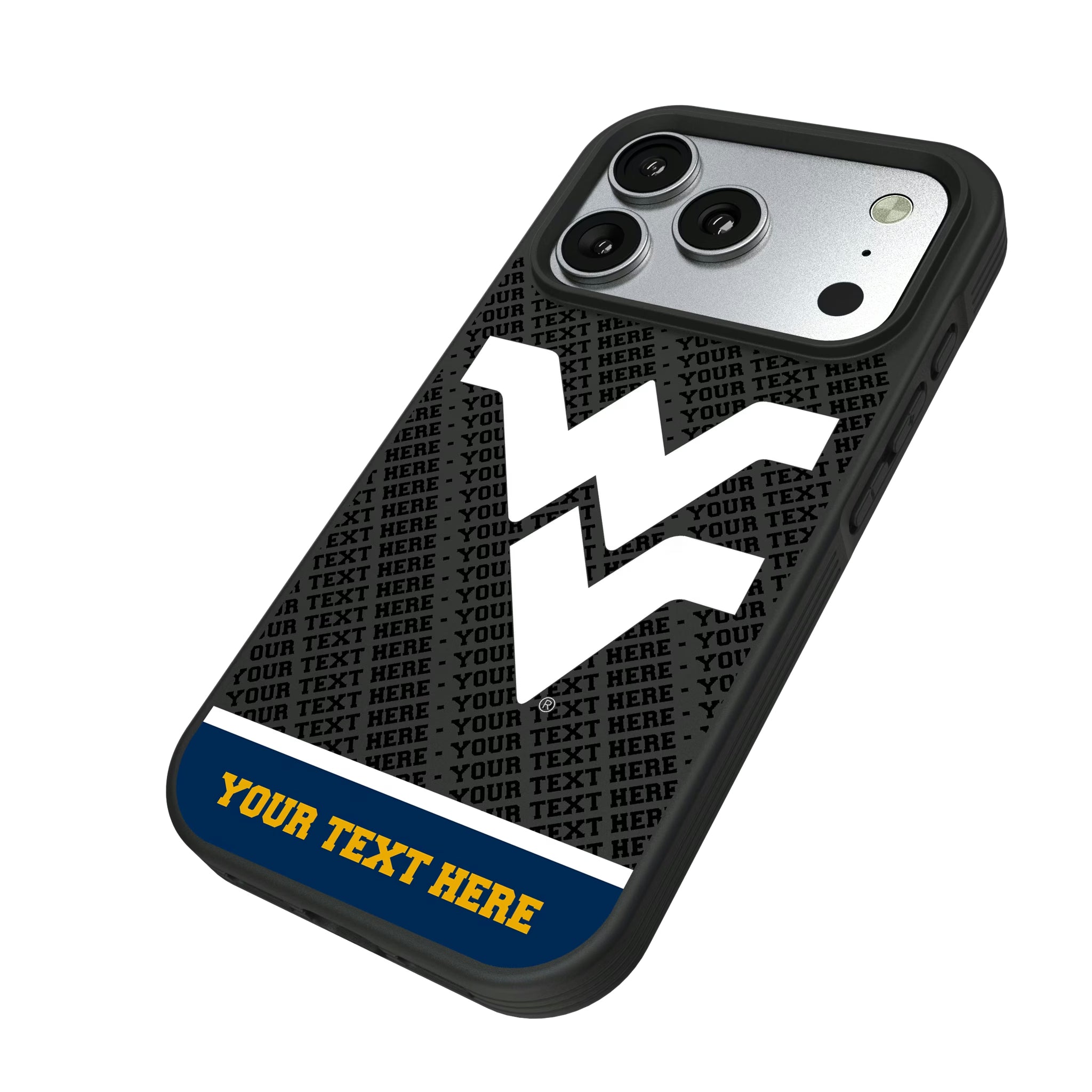 West Virginia University Mountaineers Personalized EndZone Plus iPhone Bump Phone Case for Apple iPhone - Isometric View#Device_iPhone 17 Pro