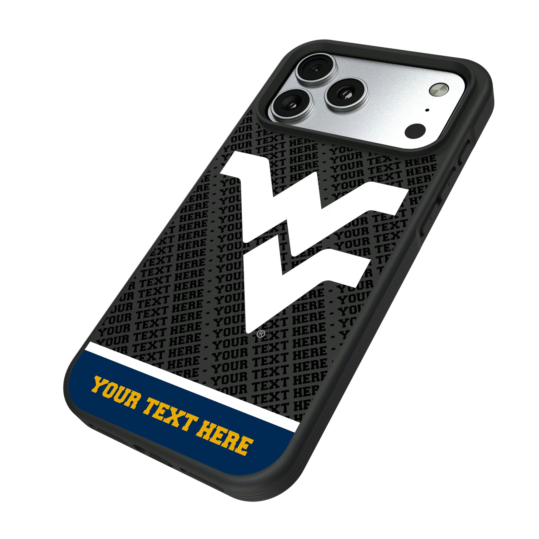 West Virginia University Mountaineers Personalized EndZone Plus iPhone Bump Phone Case for Apple iPhone - Isometric View#Device_iPhone 17 Pro Max
