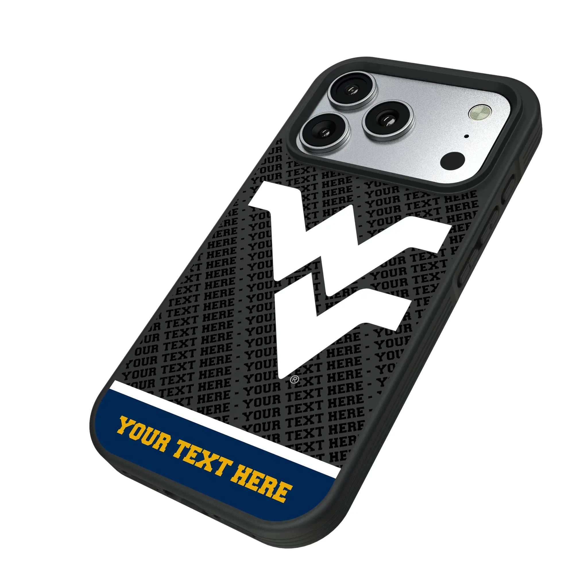 West Virginia University Mountaineers Personalized EndZone Plus iPhone Bump Phone Case for Apple iPhone - Isometric View#Device_iPhone 17 Pro