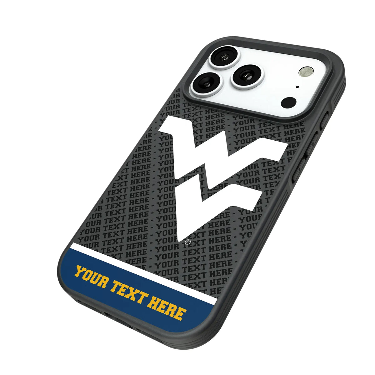 West Virginia University Mountaineers Personalized EndZone Plus iPhone Bump Phone Case for Apple iPhone - Isometric View#Device_iPhone 18 Pro