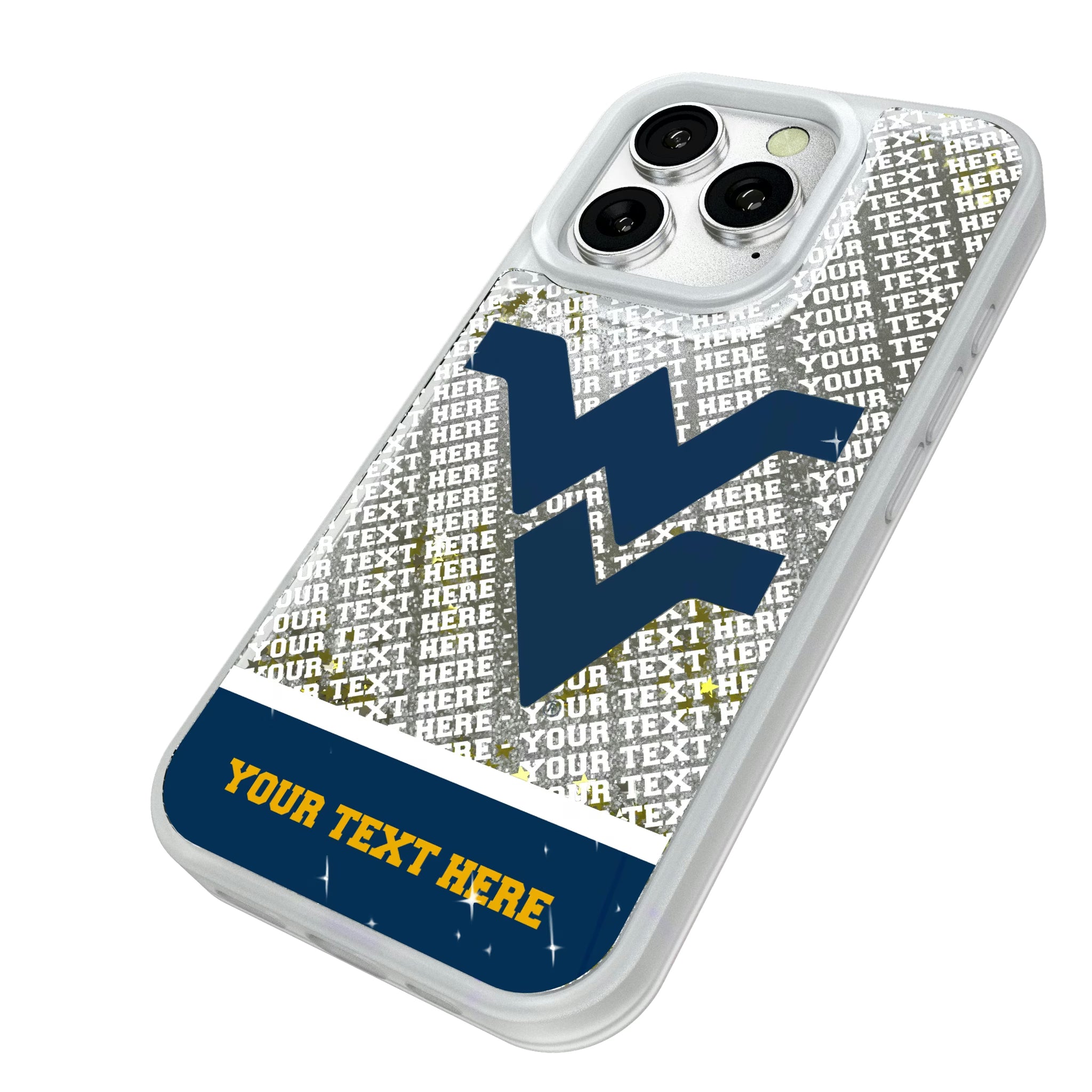 West Virginia University Mountaineers Personalized EndZone Plus iPhone Glitter Phone Case for Apple iPhone - Isometric View#Device_iPhone 16 Pro