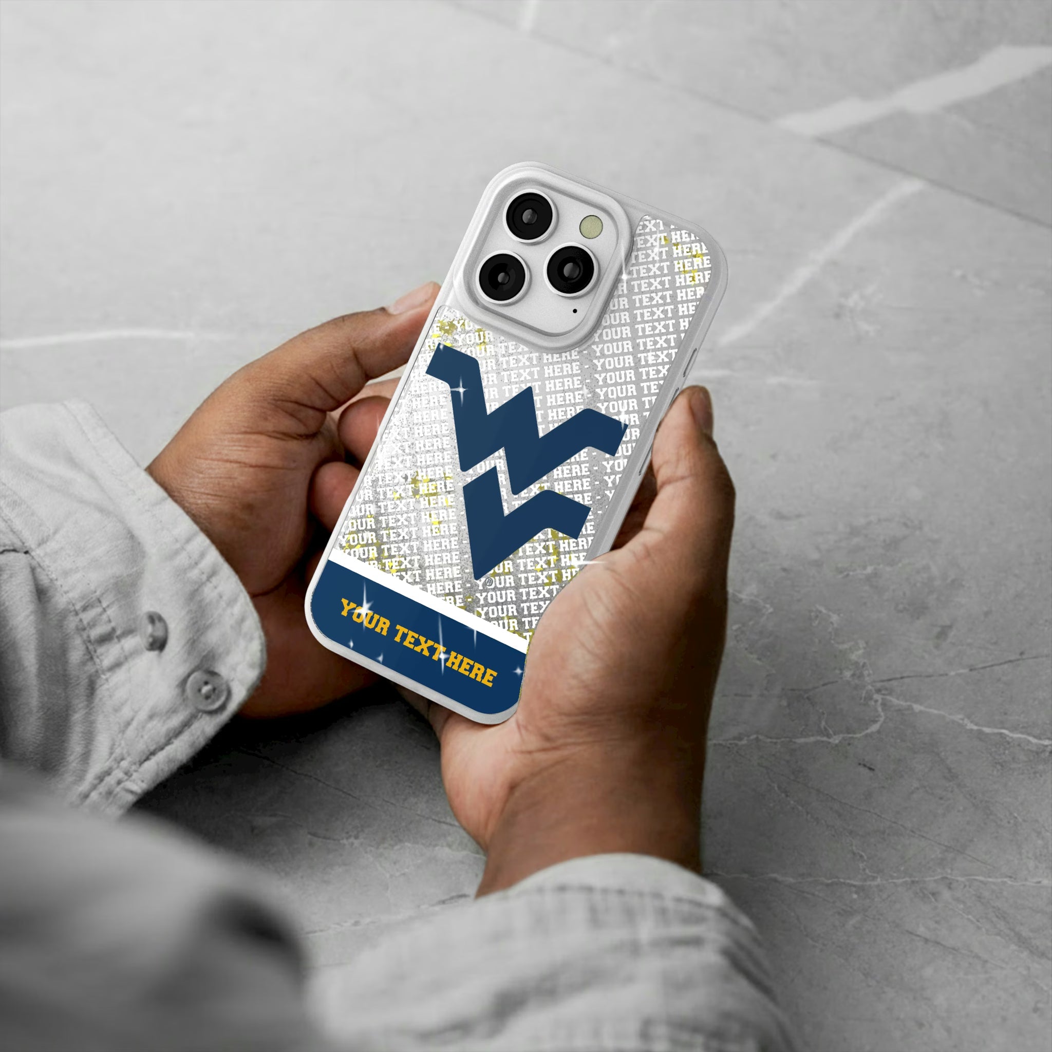 West Virginia University Mountaineers Personalized EndZone Plus iPhone Glitter Phone Case for Apple iPhone - Lifestyle#Device_iPhone 16 Pro