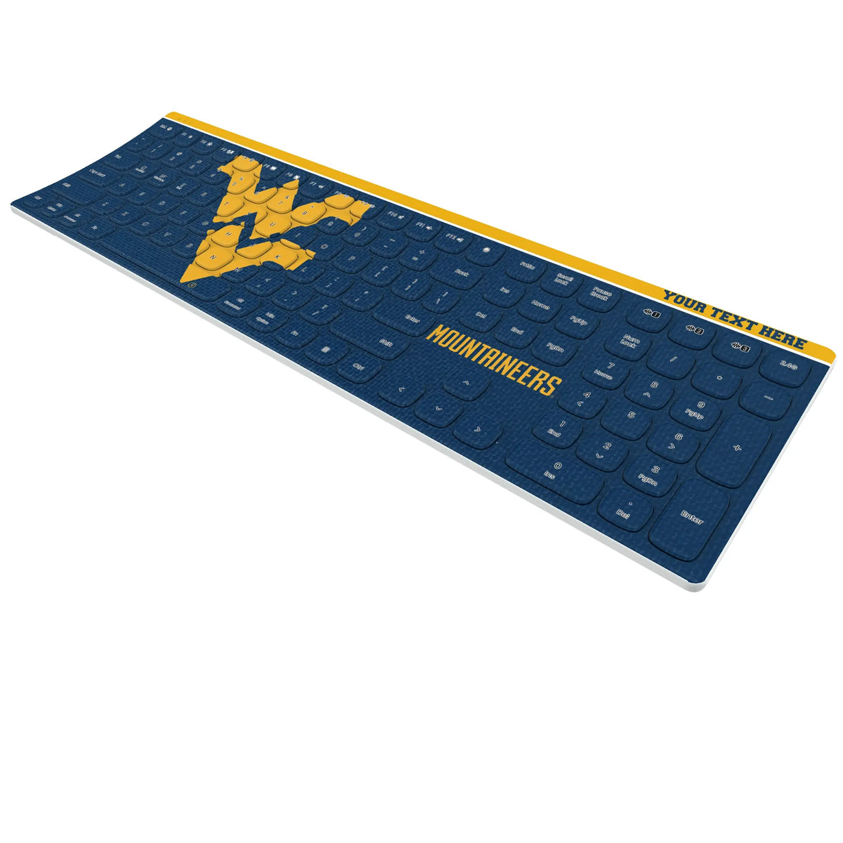 West Virginia University Mountaineers Personalized Endzone Solid KKB605 Curved Wireless Keyboard - Isometric View