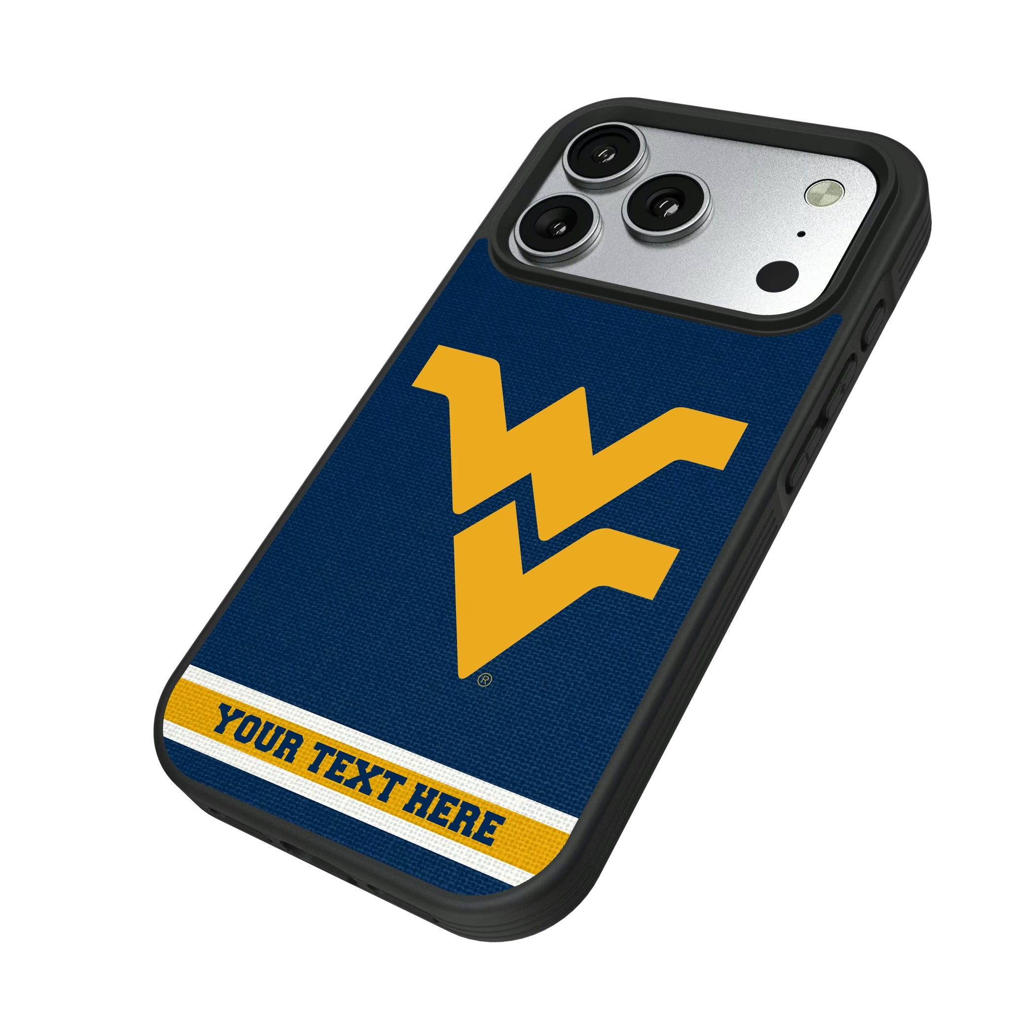 West Virginia University Mountaineers Personalized Stripe iPhone Bump Phone Case for Apple iPhone - Isometric View#Device_iPhone 17 Pro