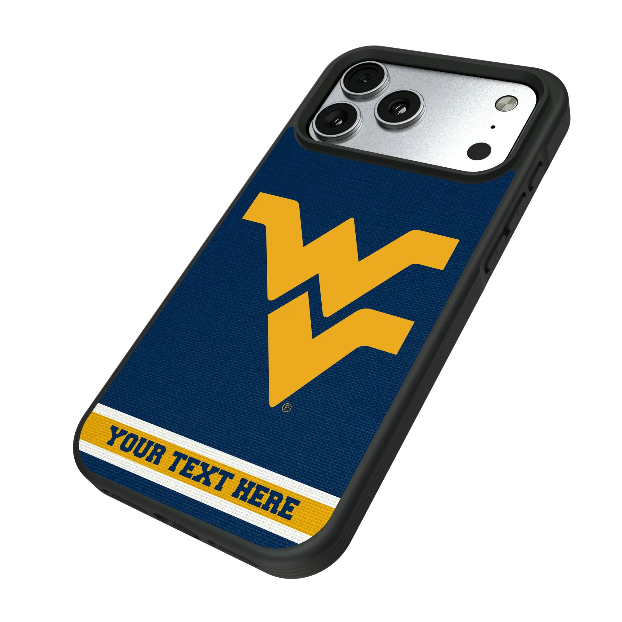 West Virginia University Mountaineers Personalized Stripe iPhone Bump Phone Case for Apple iPhone - Isometric View#Device_iPhone 17 Pro Max