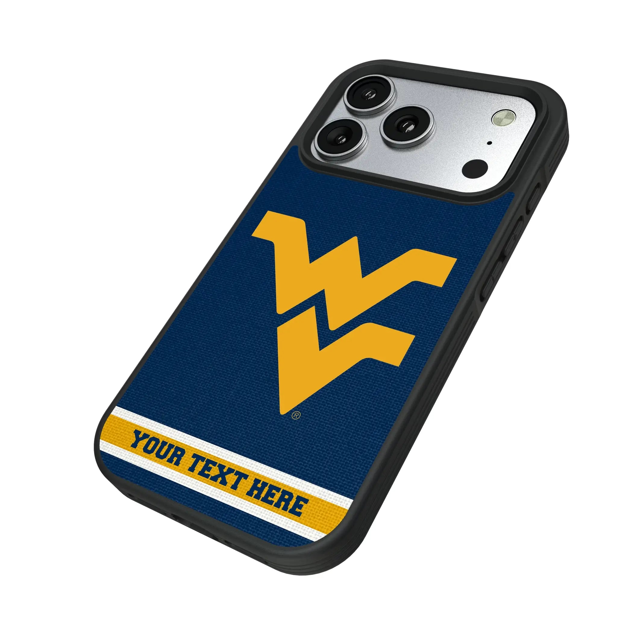 West Virginia University Mountaineers Personalized Stripe iPhone Bump Phone Case for Apple iPhone - Isometric View#Device_iPhone 17 Pro