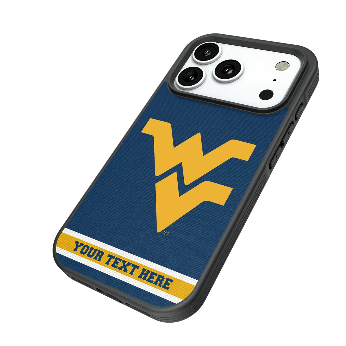 West Virginia University Mountaineers Personalized Stripe iPhone Bump Phone Case for Apple iPhone - Isometric View#Device_iPhone 18 Pro