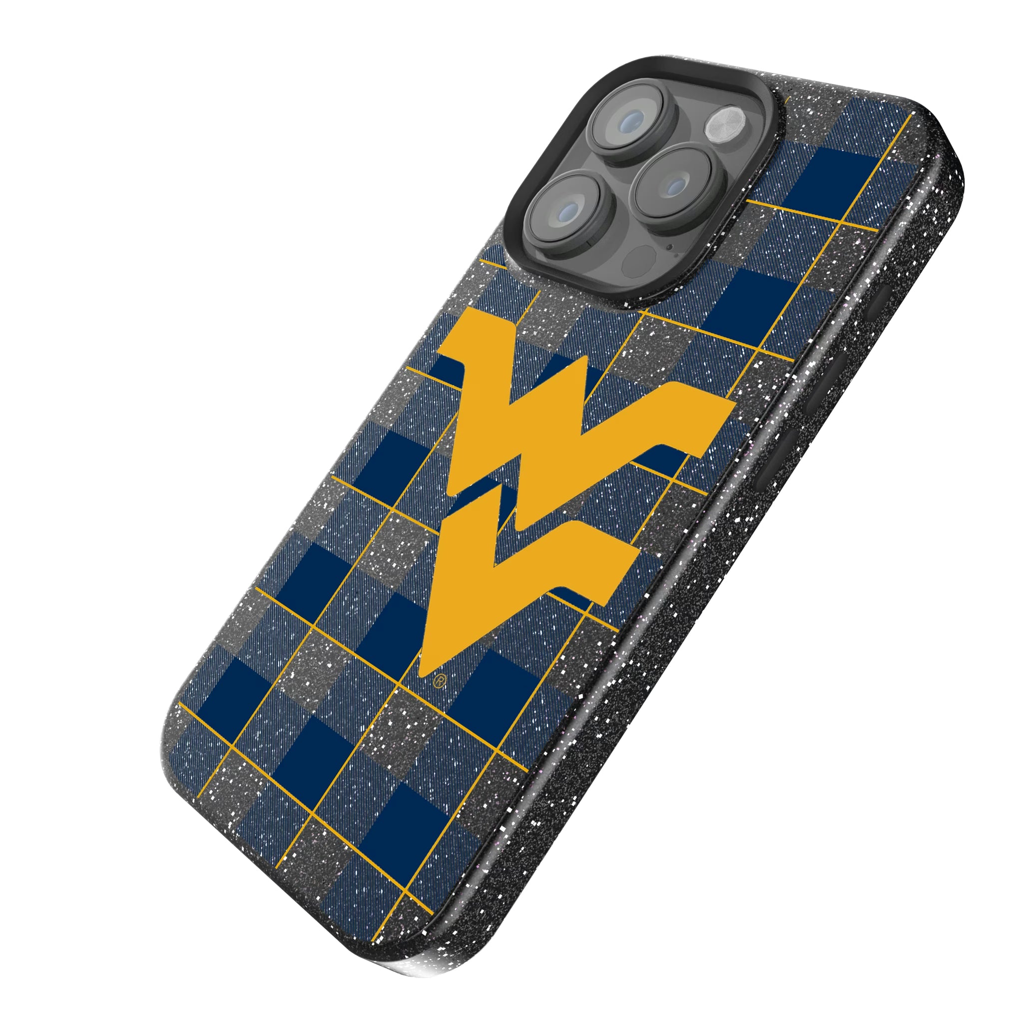 West Virginia University Mountaineers Plaid iPhone Bling Phone Case for Apple iPhone - Isometric View