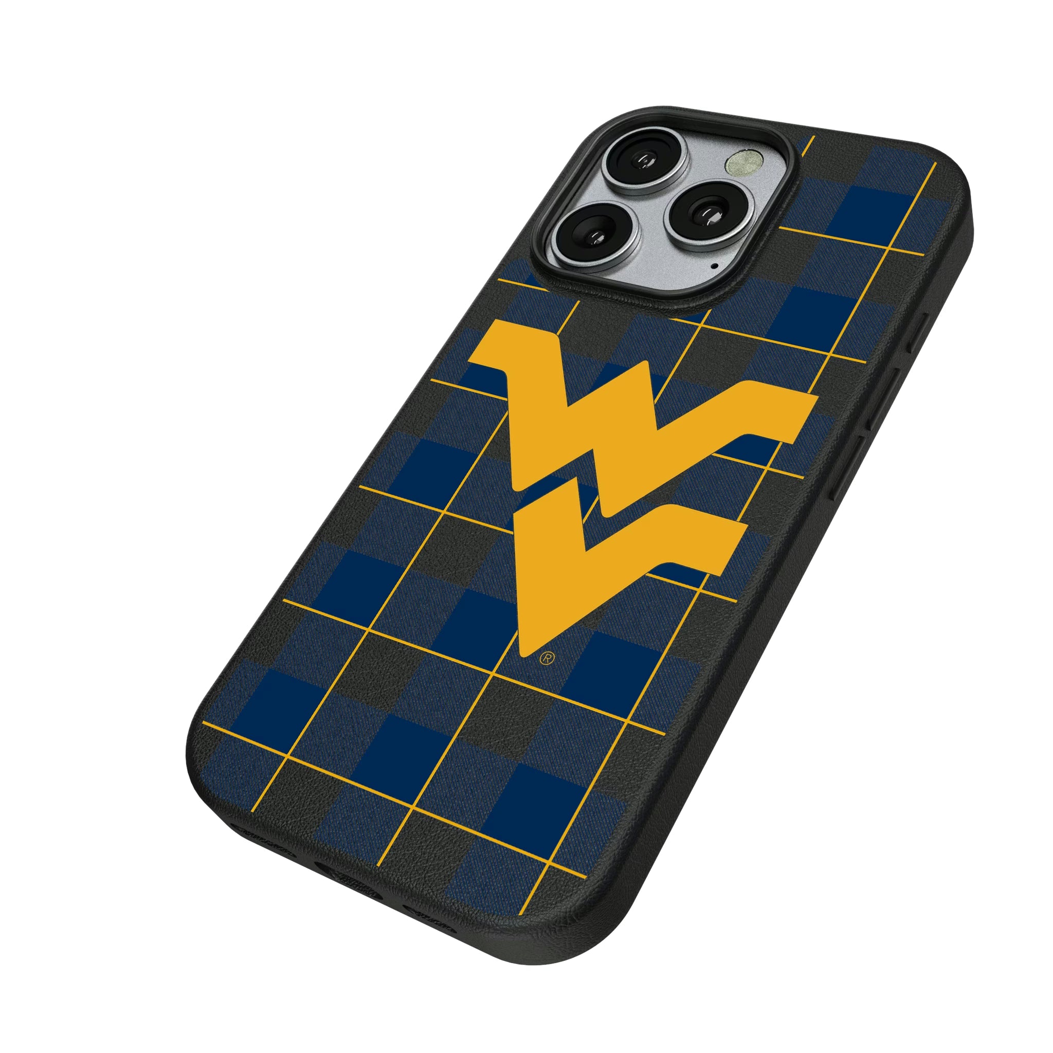 West Virginia University Mountaineers Plaid iPhone MagSafe Compatible Phone Case for Apple iPhone - Isometric View