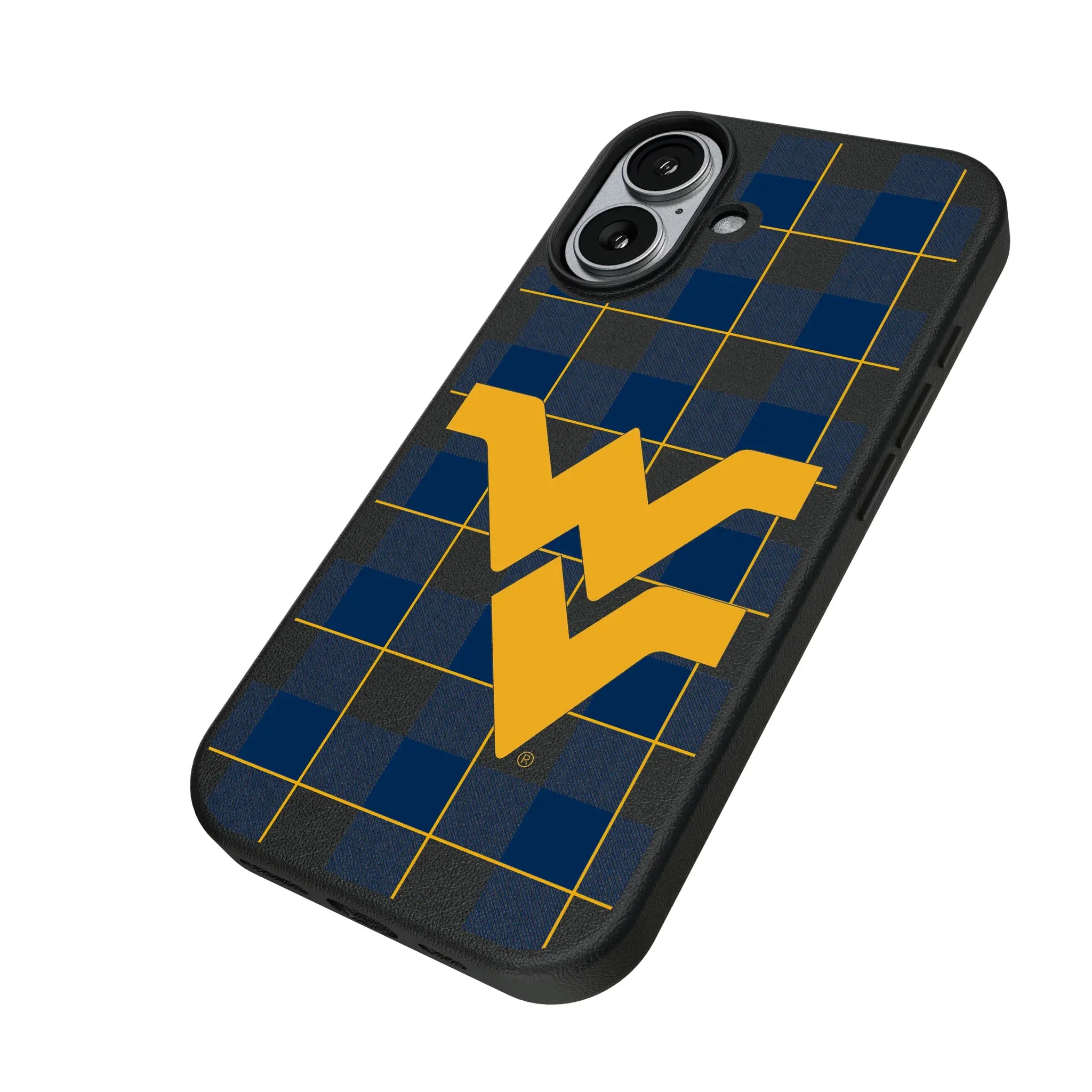 West Virginia University Mountaineers Plaid iPhone MagSafe Compatible Phone Case for Apple iPhone - Isometric View#Device_iPhone 17