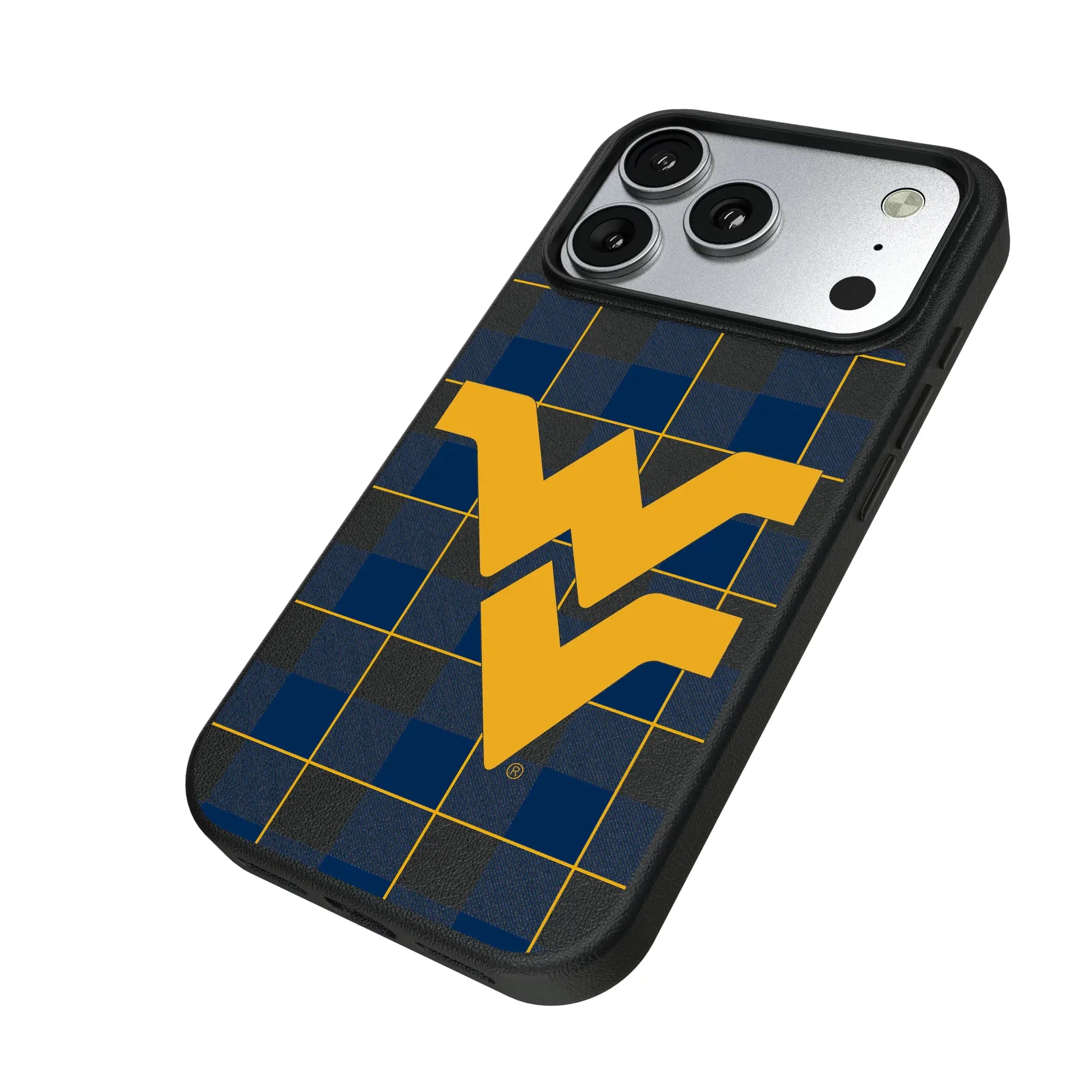 West Virginia University Mountaineers Plaid iPhone MagSafe Compatible Phone Case for Apple iPhone - Isometric View#Device_iPhone 17 Pro