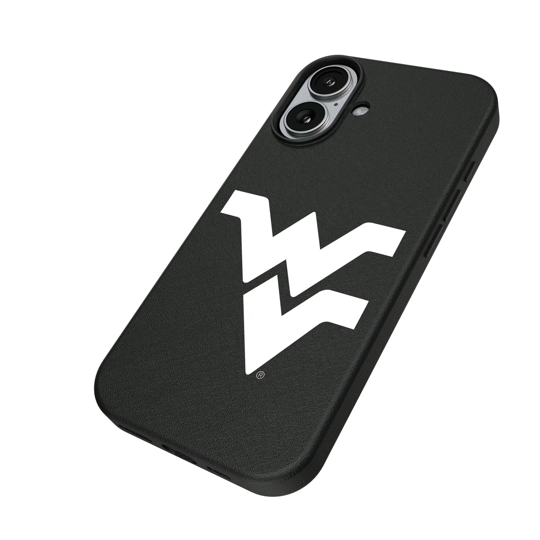 West Virginia University Mountaineers Text Backdrop iPhone MagSafe Compatible Phone Case for Apple iPhone - Isometric View#Device_iPhone 17