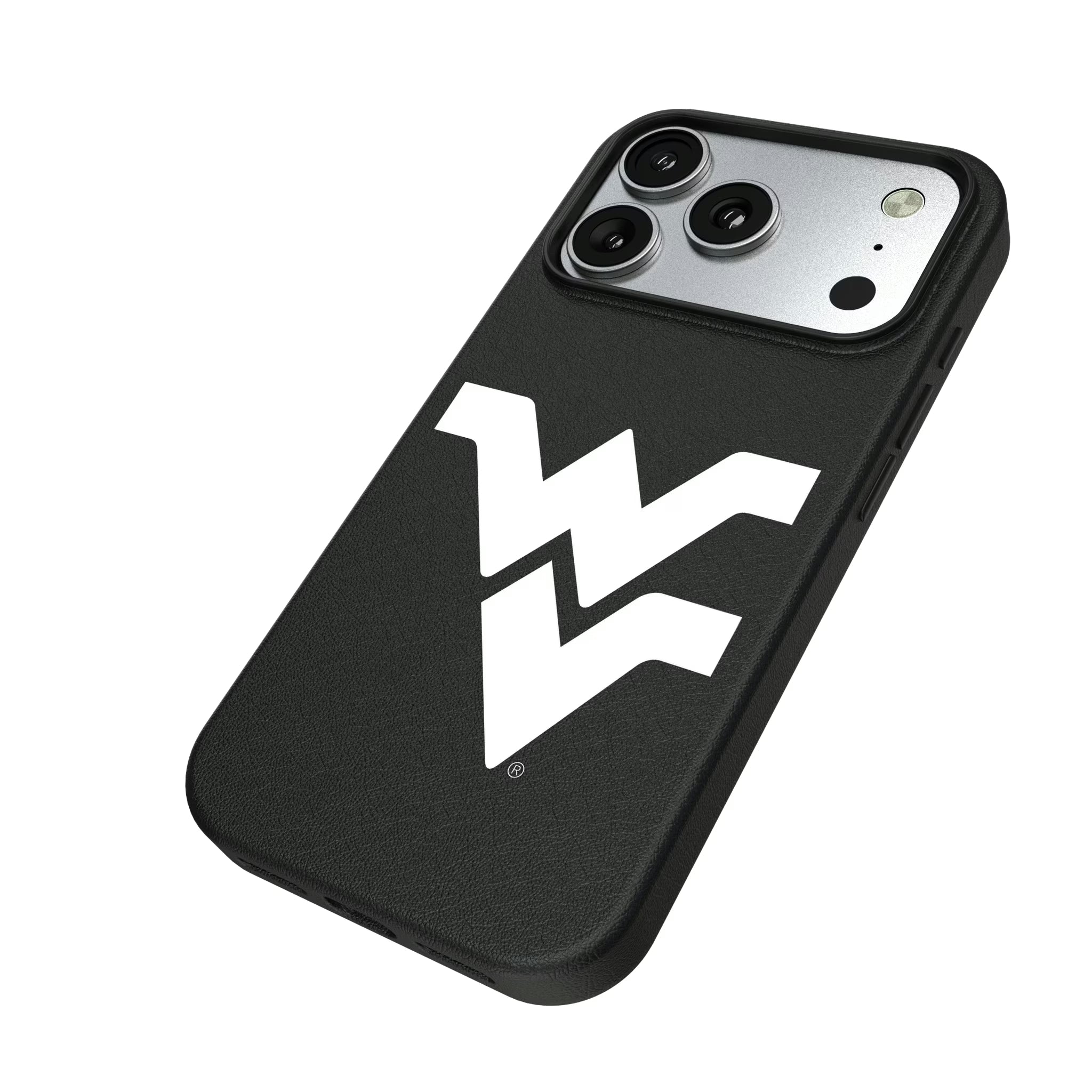 West Virginia University Mountaineers Text Backdrop iPhone MagSafe Compatible Phone Case for Apple iPhone - Isometric View#Device_iPhone 17 Pro
