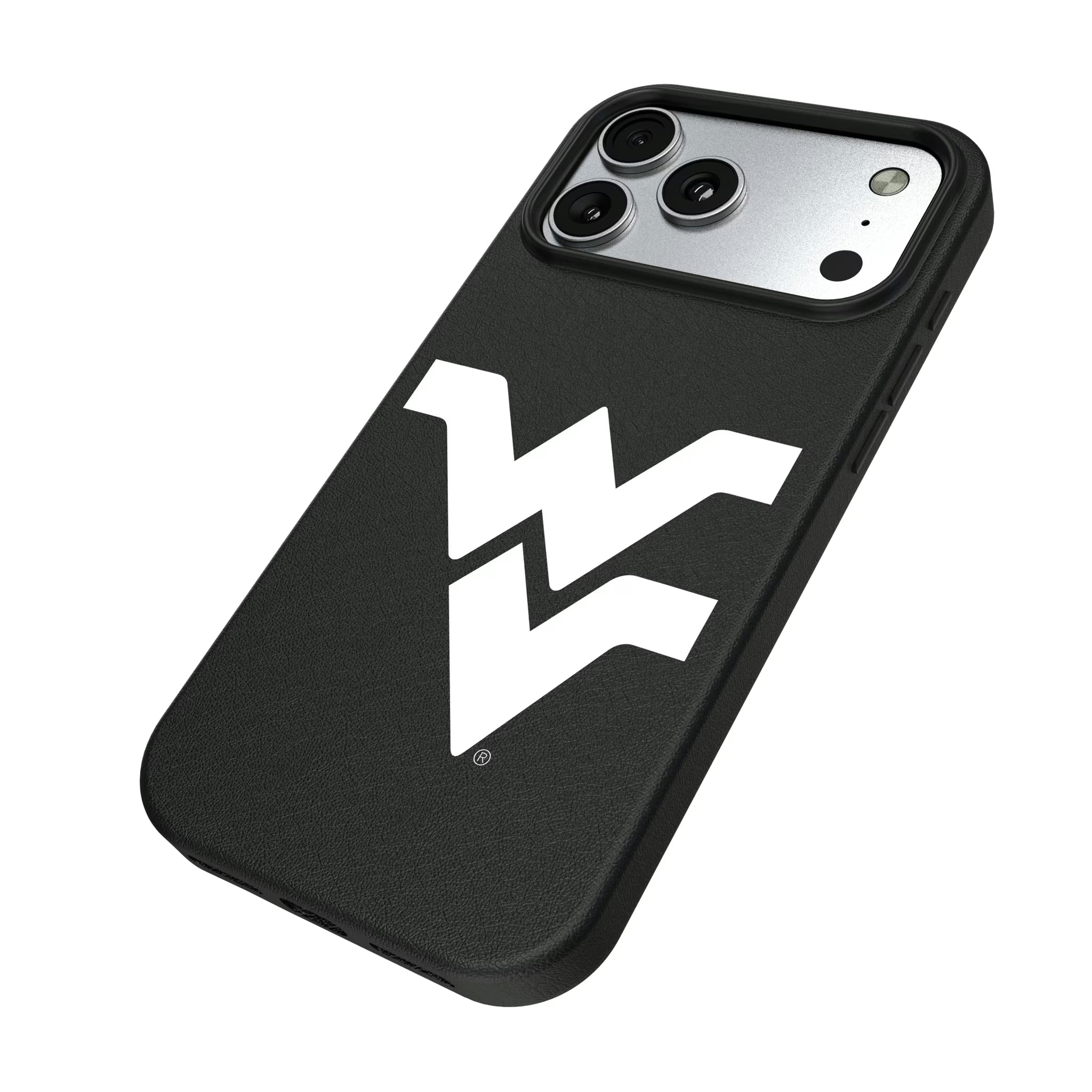 West Virginia University Mountaineers Text Backdrop iPhone MagSafe Compatible Phone Case for Apple iPhone - Isometric View#Device_iPhone 17 Pro Max