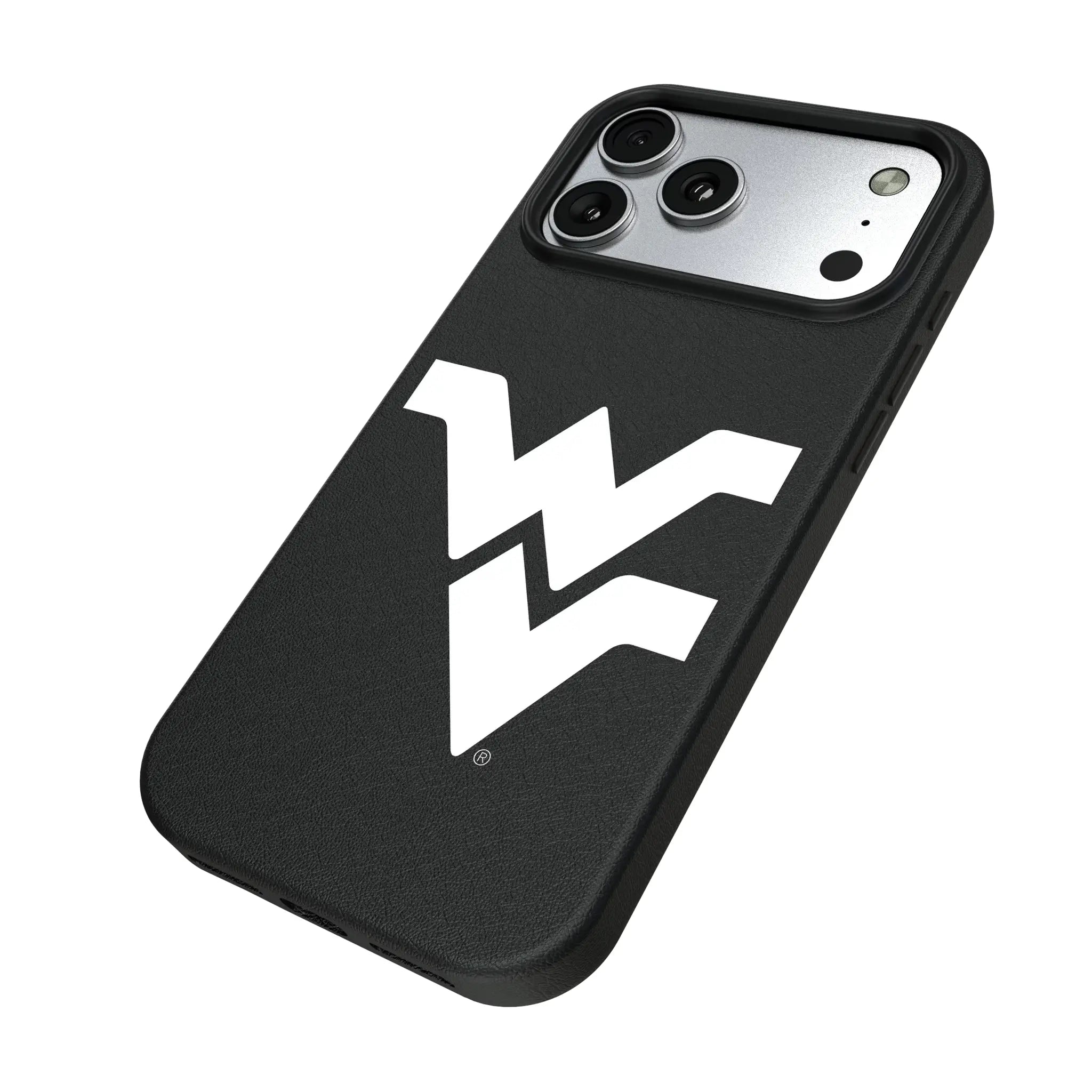 West Virginia University Mountaineers Text Backdrop iPhone MagSafe Compatible Phone Case for Apple iPhone - Isometric View#Device_iPhone 17 Pro Max