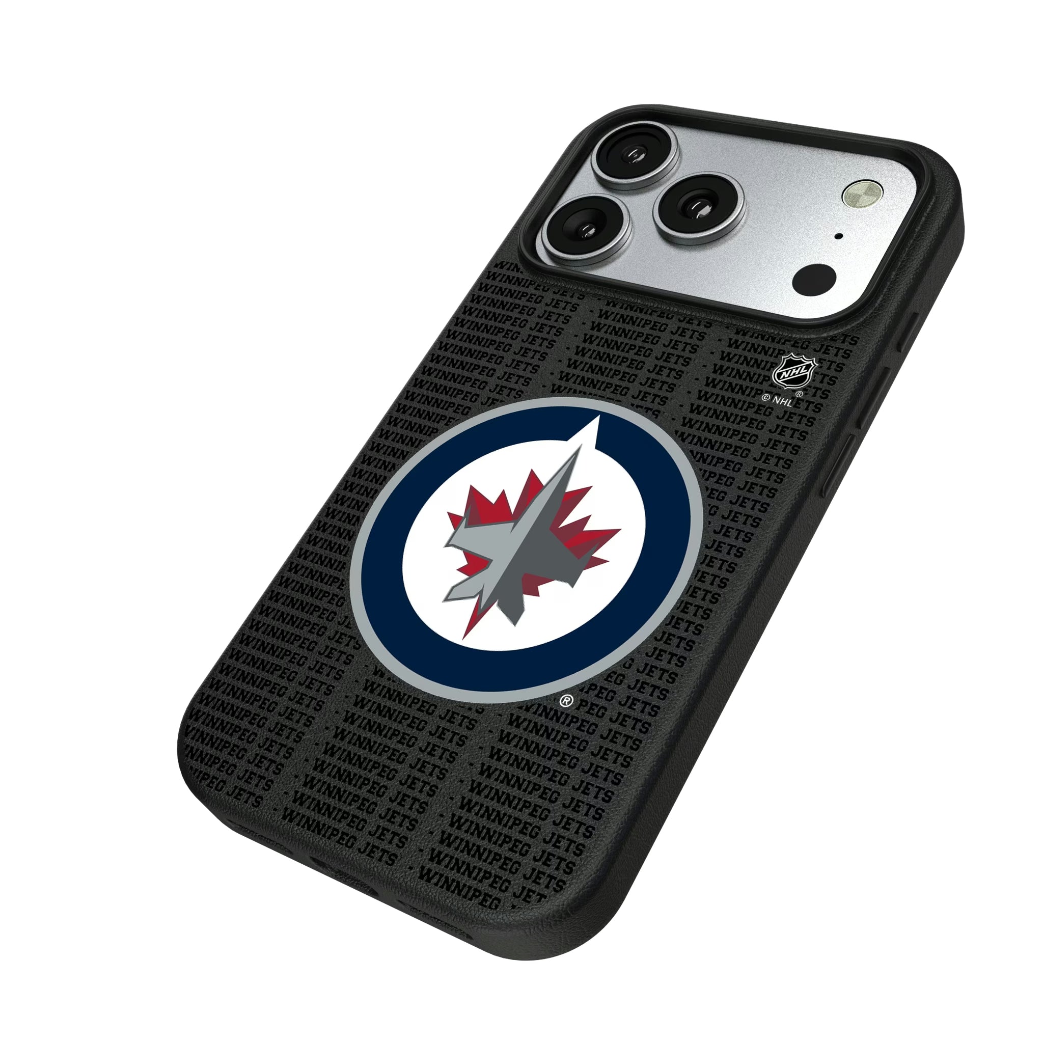 Winnipeg Jets Text Backdrop iPhone MagSafe Compatible Phone Case for Apple iPhone - Isometric View#Device_iPhone 17 Pro