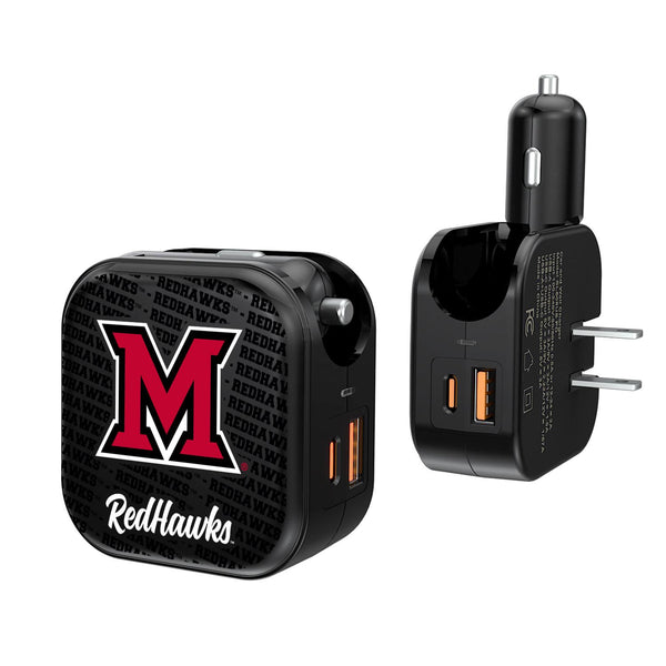 Miami RedHawks Text Backdrop 2 in 1 USB A/C Charger