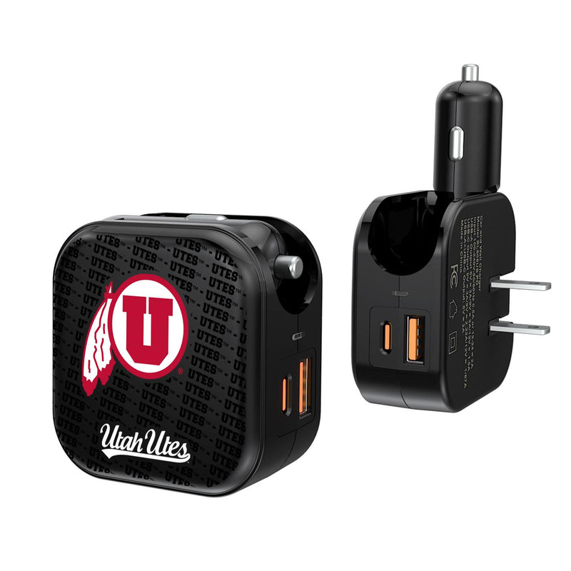 Utah Utes Text Backdrop 2 in 1 USB A/C Charger