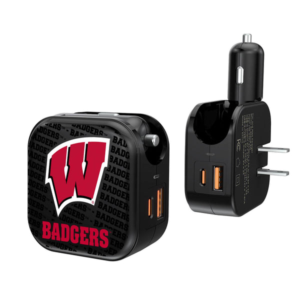 Wisconsin Badgers Text Backdrop 2 in 1 USB A/C Charger